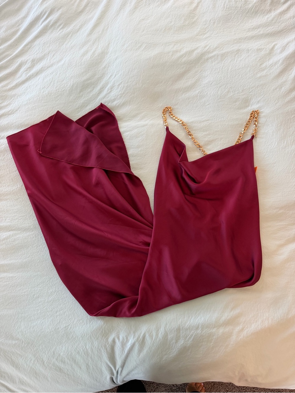 Burgundy Satin Maxi dress with golds chain.